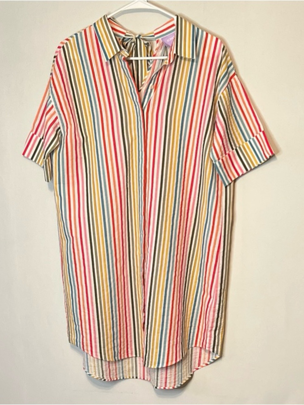 Bonobos Striped Woman’s Short Sleeve Button Up Tunic Top Rear Tie Key Hole XS.
